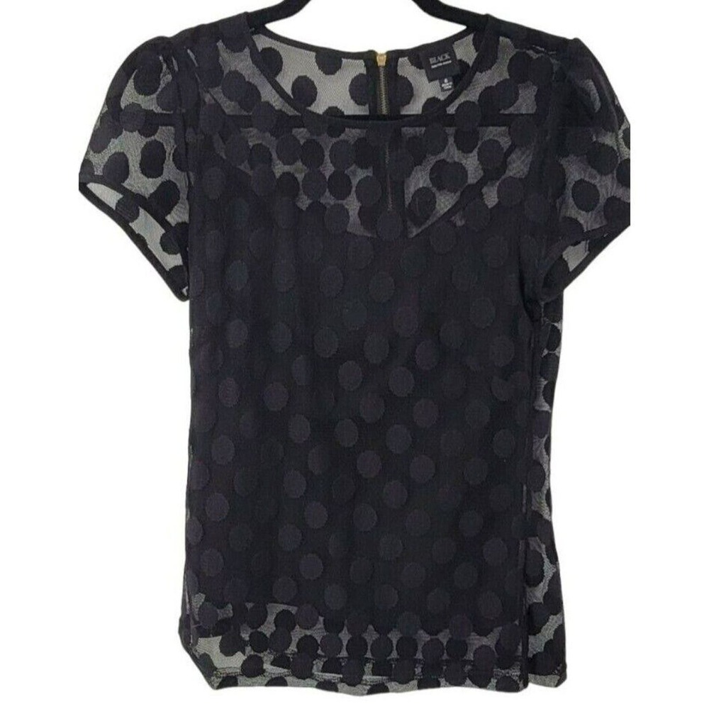 Black Saks Fifth Avenue Blouse Womens Size 6 Sheer Polka Dot Short Sleeve Work